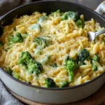 CREAMY ONE POT BROCCOLI CHEDDAR ORZO centered hero view, clean and uncluttered