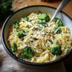 CREAMY ORZO WITH PARMESAN AND BROCCOLI centered hero view, clean and uncluttered