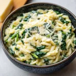 CREAMY PARMESAN SPINACH ORZO centered hero view, clean and uncluttered