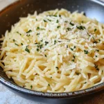GARLIC PARMESAN ORZO PASTA centered hero view, clean and uncluttered