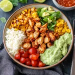 HEALTHY CHICKEN BURRITO BOWLS centered hero view, clean and uncluttered