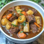 HEARTY HOMESTYLE BEEF STEW centered hero view, clean and uncluttered