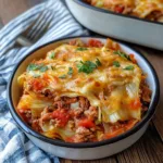 LAYERED CABBAGE ROLL CASSEROLE centered hero view, clean and uncluttered