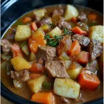 OLD FASHIONED CROCKPOT BEEF STEW centered hero view, clean and uncluttered