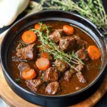 RUSTIC BEEF STEW WITH CARROTS AND HERBS centered hero view, clean and uncluttered