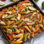 SHEET PAN CHICKEN FAJITAS centered hero view, clean and uncluttered