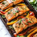 SHEET PAN FAJITA SALMON centered hero view, clean and uncluttered