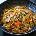 VEGETABLE LO MEIN WITH CABBAGE AND MUSHROOMS centered hero view, clean and uncluttered