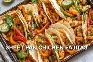 Easy Sheet Pan Chicken Fajitas Recipe for Busy Weeknights SHEET PAN CHICKEN FAJITAS centered hero view, clean and uncluttered