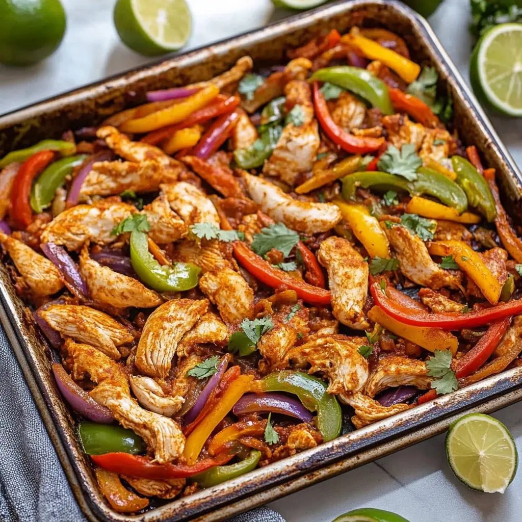 Easy Sheet Pan Chicken Fajitas Recipe for Busy Weeknights 6 SHEET PAN CHICKEN FAJITAS centered hero view, clean and uncluttered