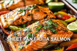 SHEET PAN FAJITA SALMON centered hero view, clean and uncluttered