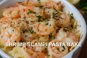 SHRIMP SCAMPI PASTA BAKE centered hero view, clean and uncluttered