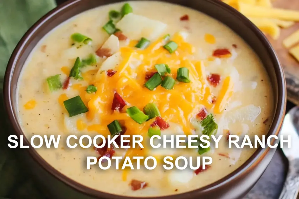 SLOW COOKER CHEESY RANCH POTATO SOUP centered hero view, clean and uncluttered