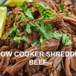 SLOW COOKER SHREDDED BEEF centered hero view, clean and uncluttered