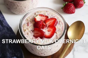 STRAWBERRY MILK OVERNIGHT OATS centered hero view, clean and uncluttered