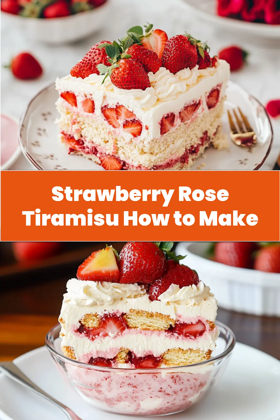 Close up of Strawberry Rose Tiramisu slice with fresh strawberries on top