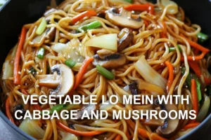 Vegetable Lo Mein with Cabbage and Mushrooms Recipe VEGETABLE LO MEIN WITH CABBAGE AND MUSHROOMS centered hero view, clean and uncluttered
