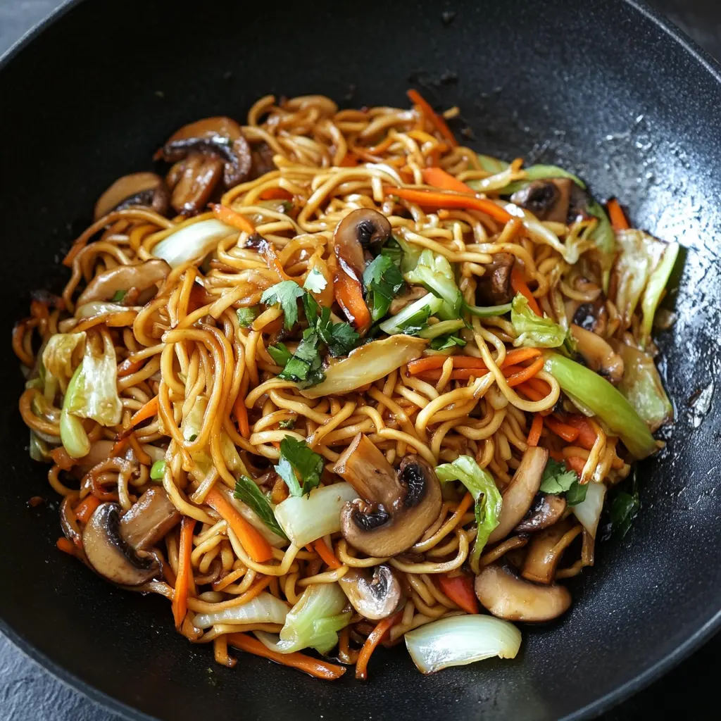 VEGETABLE LO MEIN WITH CABBAGE AND MUSHROOMS centered hero view, clean and uncluttered