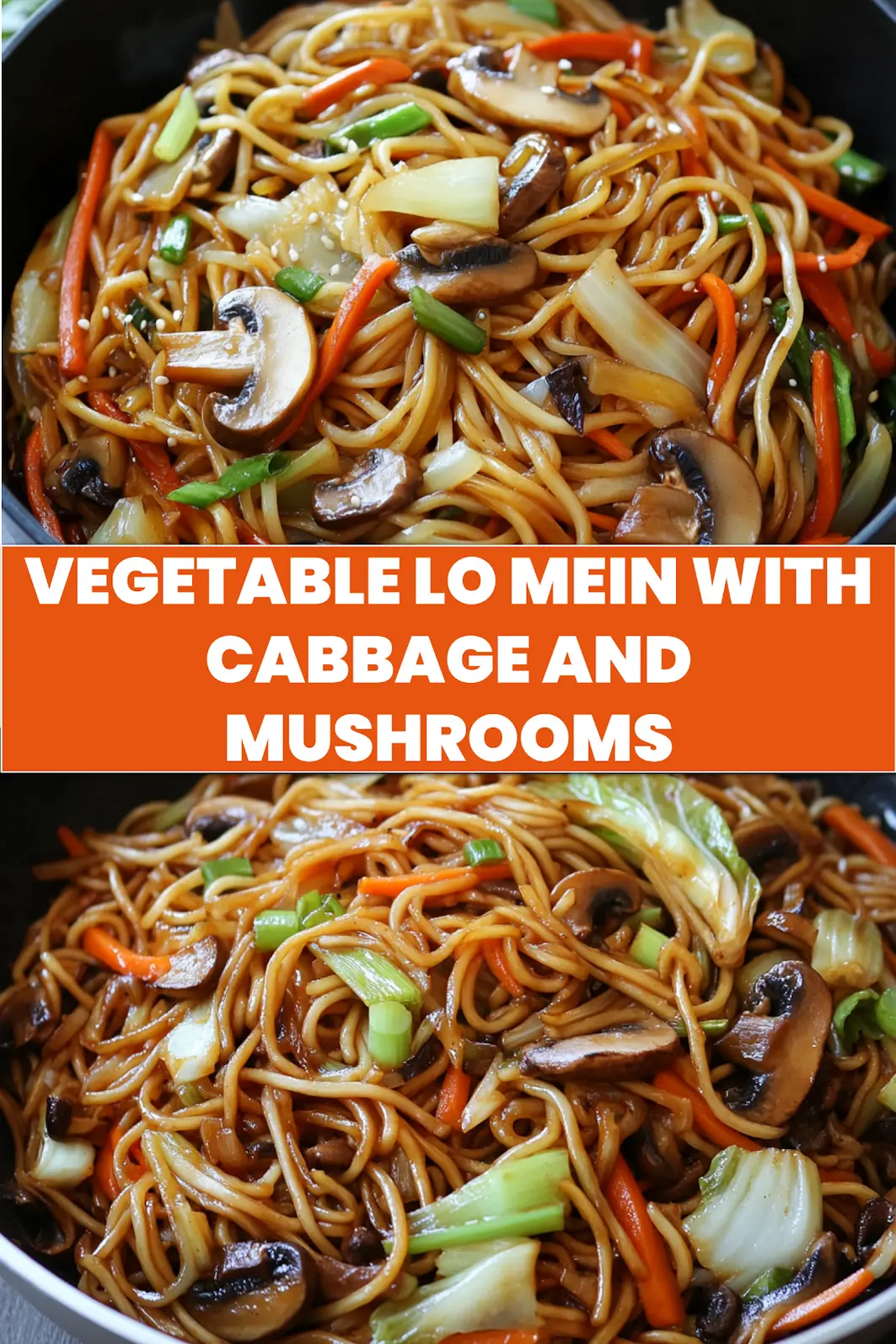 VEGETABLE LO MEIN WITH CABBAGE AND MUSHROOMS centered hero view, clean and uncluttered pin