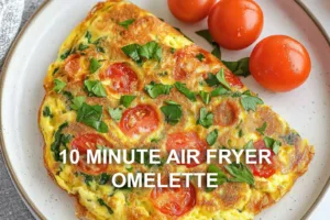 10 MINUTE AIR FRYER OMELETTE centered hero view, clean and uncluttered
