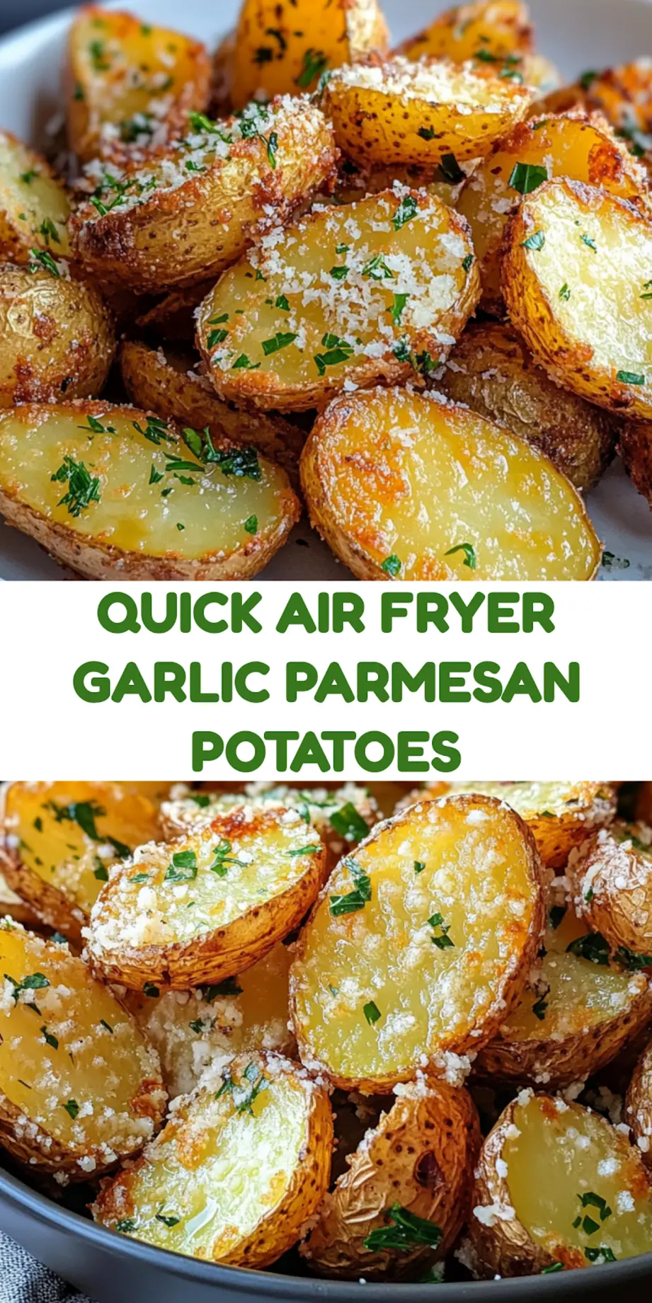 AIR FRYER BAKED GARLIC PARMESAN POTATOES centered hero view, clean and uncluttered