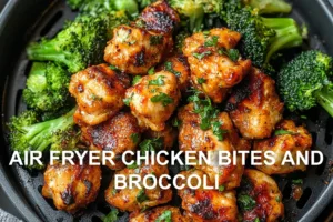 AIR FRYER CHICKEN BITES AND BROCCOLI centered hero view, clean and uncluttered