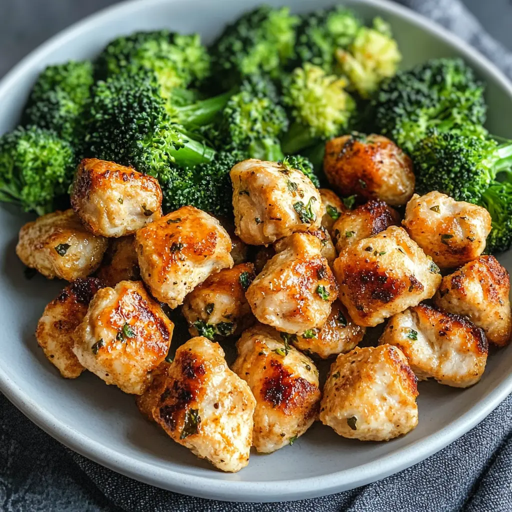AIR FRYER CHICKEN BITES AND BROCCOLI centered hero view, clean and uncluttered