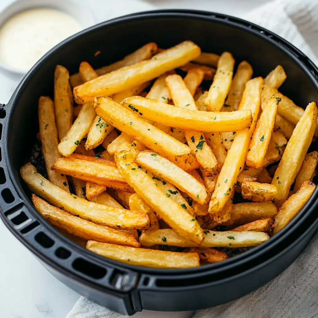 Golden crispy air fryer frozen french fries on a white serving plate