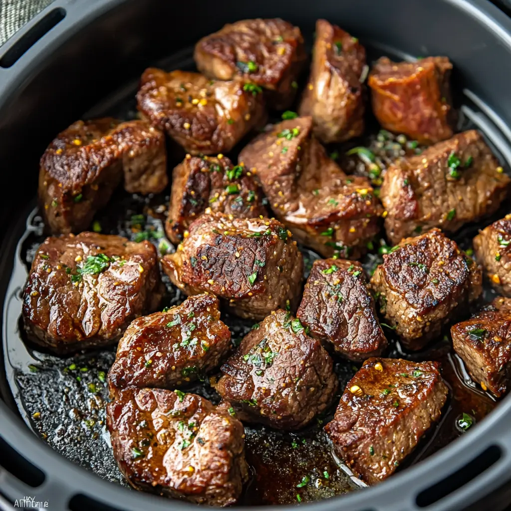 AIR FRYER GARLIC BUTTER STEAK BITES centered hero view, clean and uncluttered