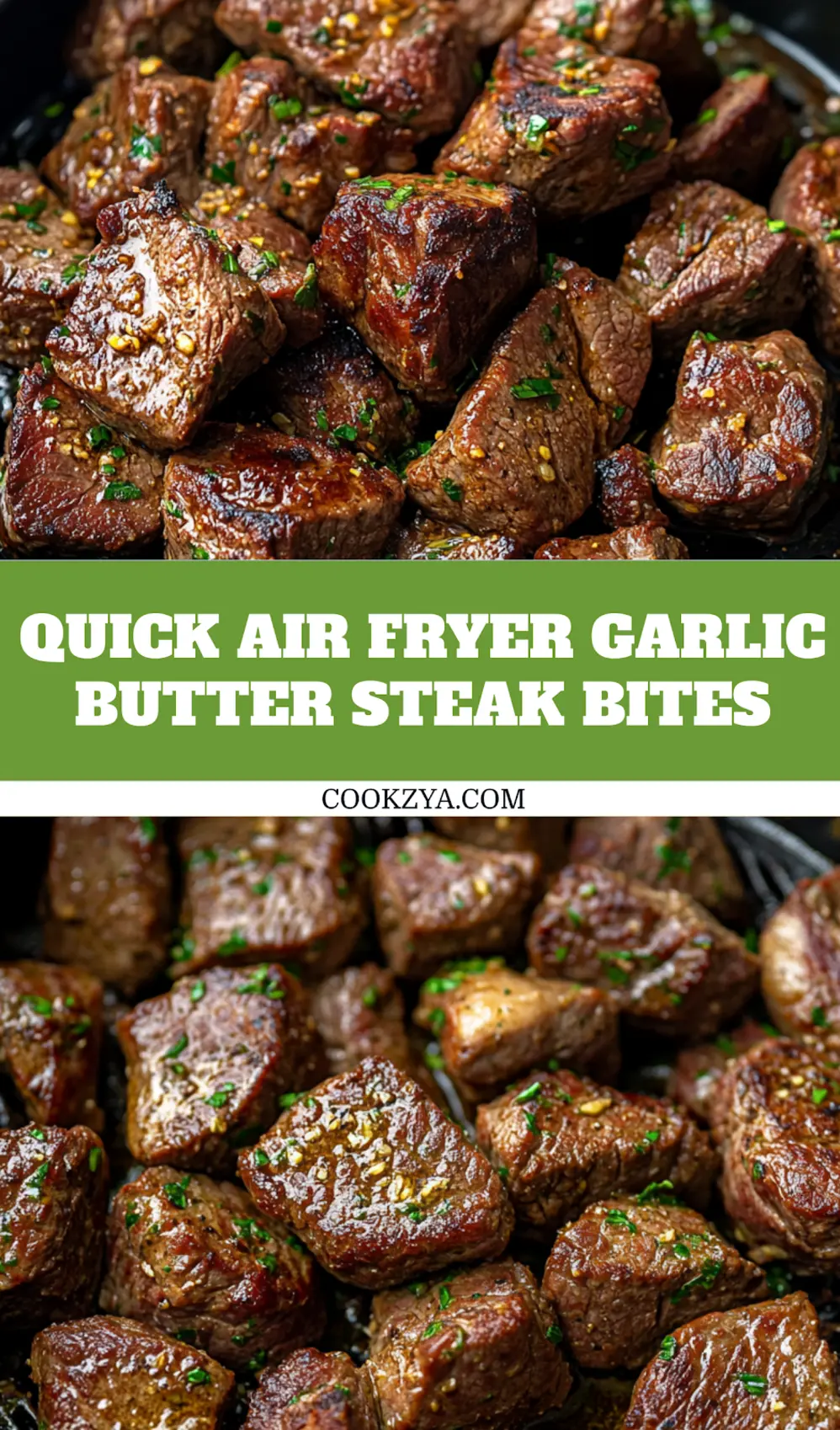AIR FRYER GARLIC BUTTER STEAK BITES centered hero view, clean and uncluttered