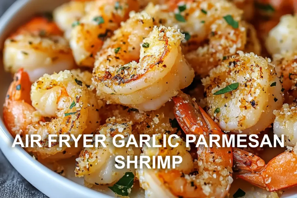 AIR FRYER GARLIC PARMESAN SHRIMP centered hero view, clean and uncluttered