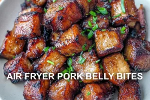 AIR FRYER PORK BELLY BITES centered hero view, clean and uncluttered