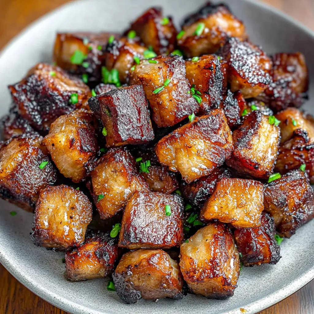 AIR FRYER PORK BELLY BITES centered hero view, clean and uncluttered