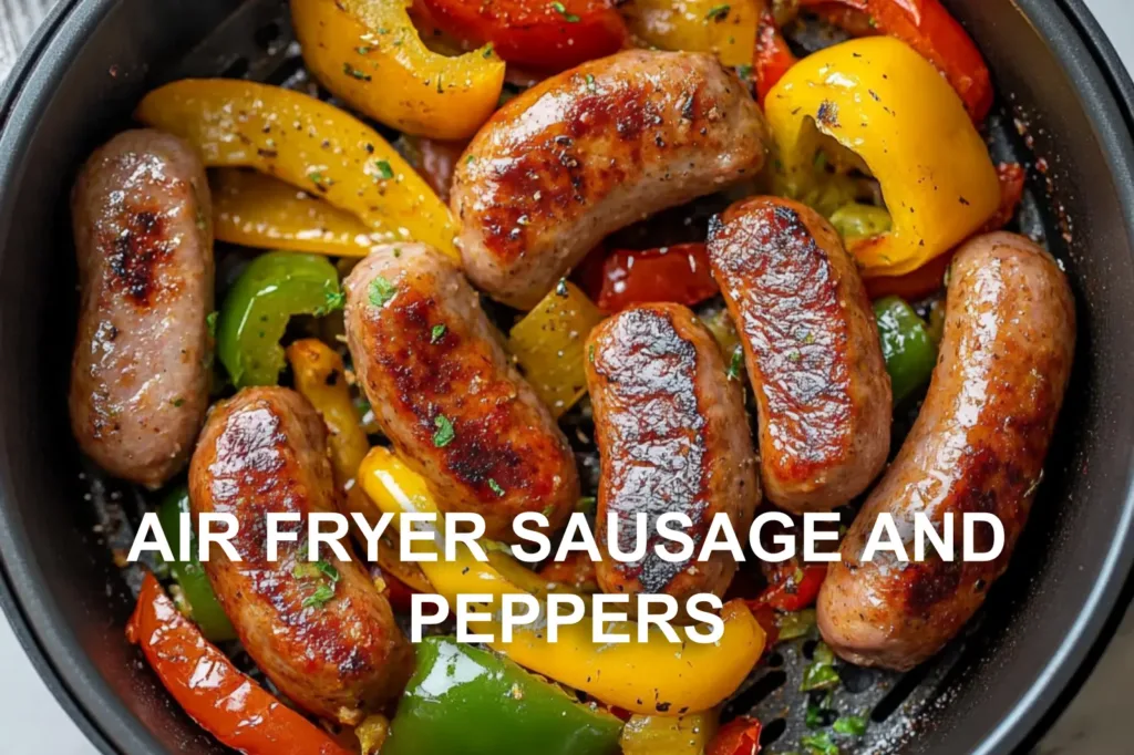 AIR FRYER SAUSAGE AND PEPPERS centered hero view, clean and uncluttered