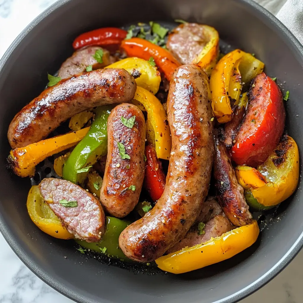 AIR FRYER SAUSAGE AND PEPPERS centered hero view, clean and uncluttered