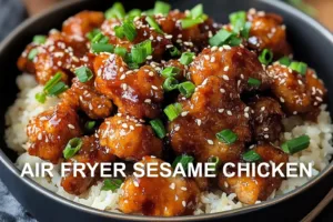 Air Fryer Sesame Chicken Recipe Easy and Delicious AIR FRYER SESAME CHICKEN centered hero view, clean and uncluttered