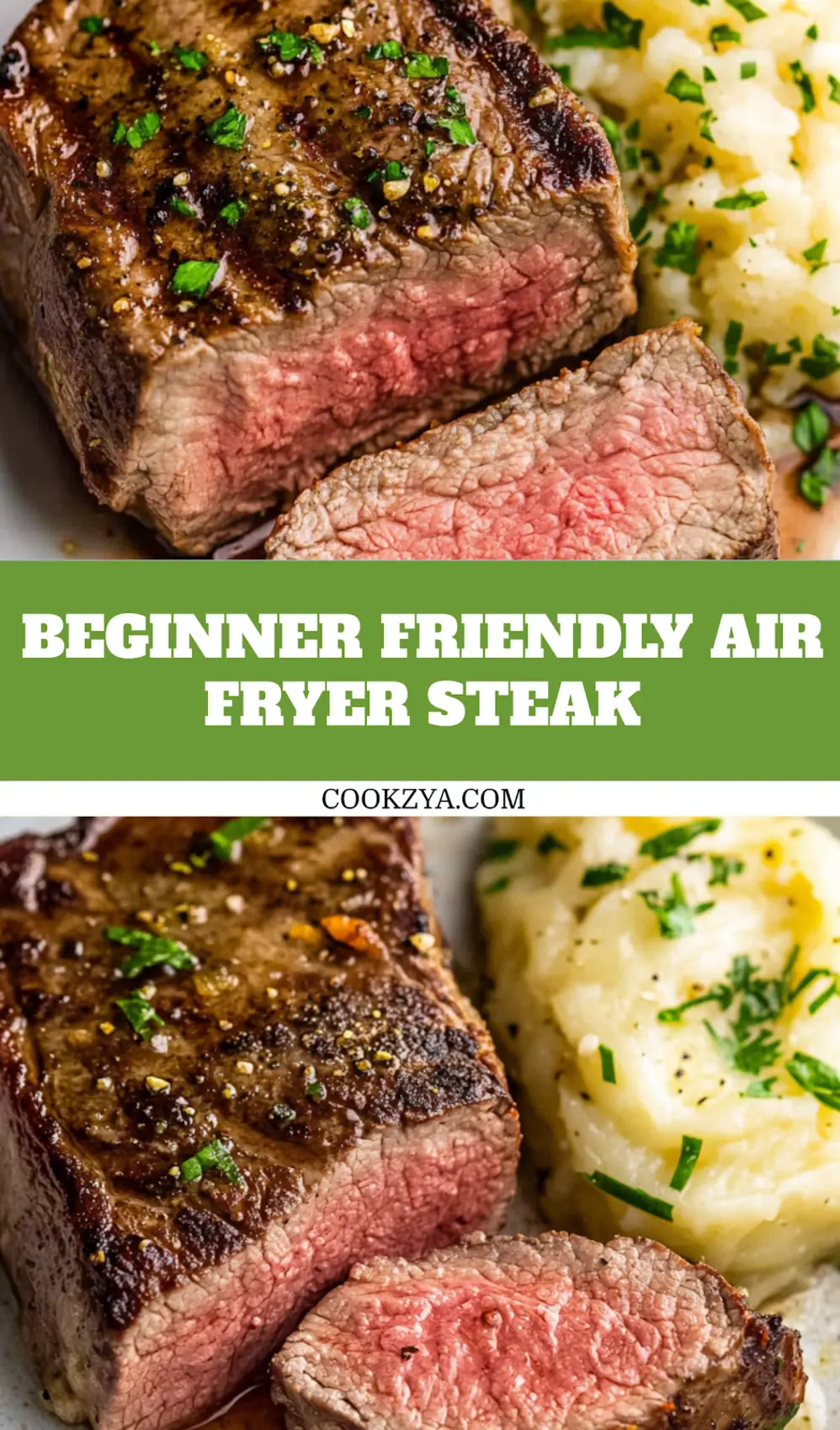 Air fryer steak pin image with garlic butter and herbs