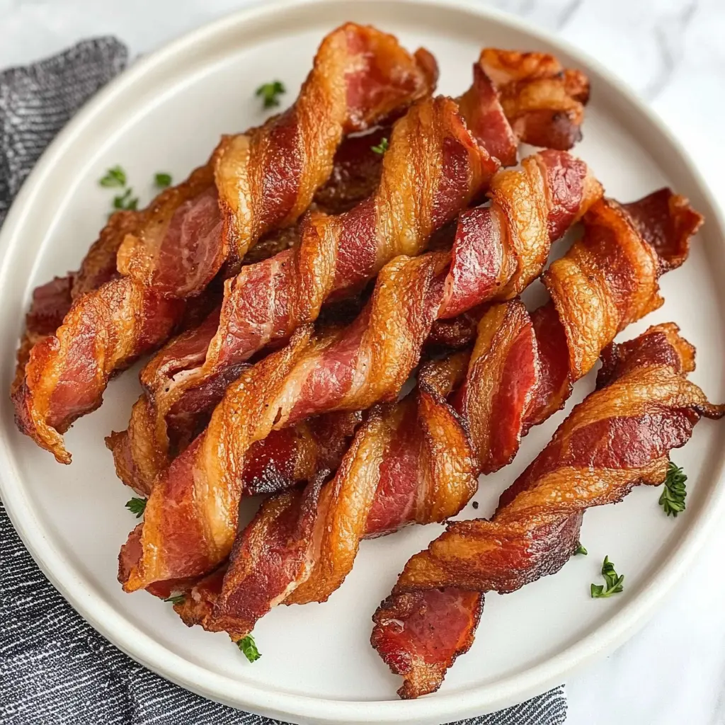 Air fryer twisted bacon with crispy edges and spiral shape on a clean white plate