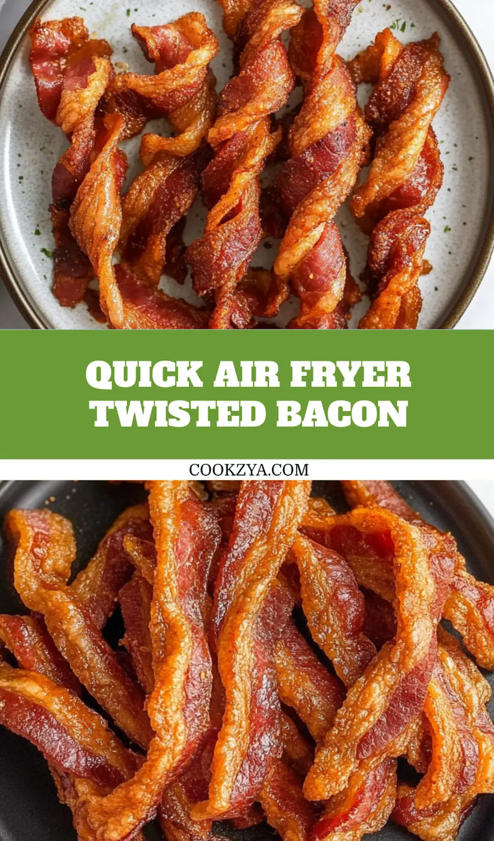 Air fryer twisted bacon Pinterest pin with crispy spiral bacon strips