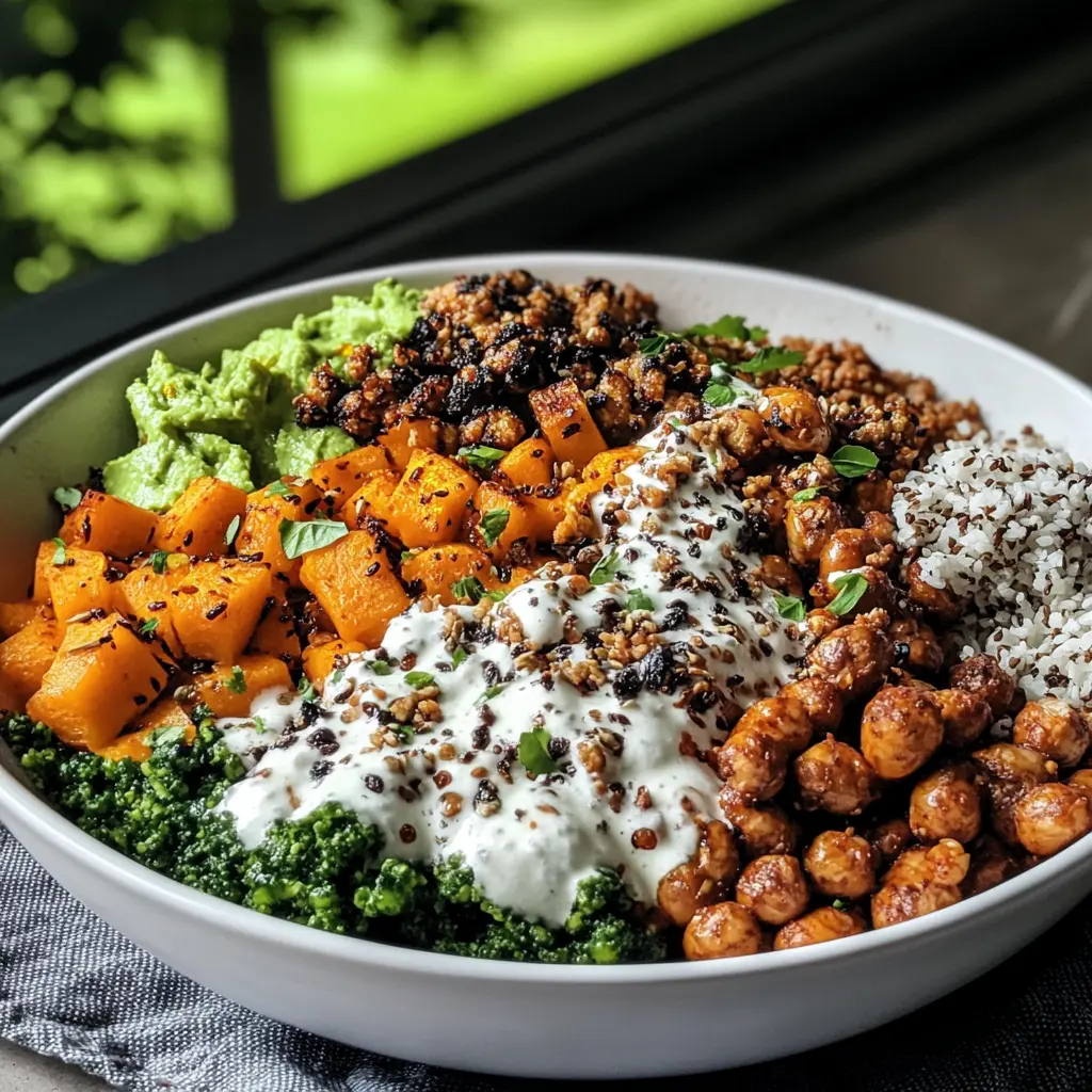 Anti-Inflammatory Glow Bowl with roasted sweet potatoes, chickpeas, and tahini drizzle