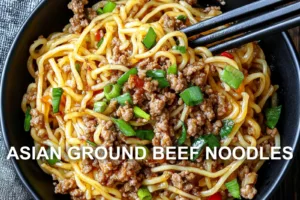 ASIAN GROUND BEEF NOODLES centered hero view, clean and uncluttered