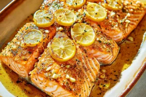 BAKED LEMON GARLIC SALMON centered hero view, clean and uncluttered