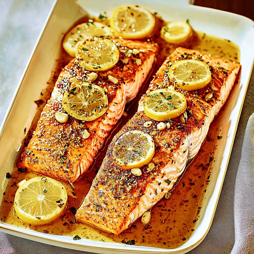 Baked lemon garlic salmon on a baking sheet, garnished with fresh lemon slices and herbs
