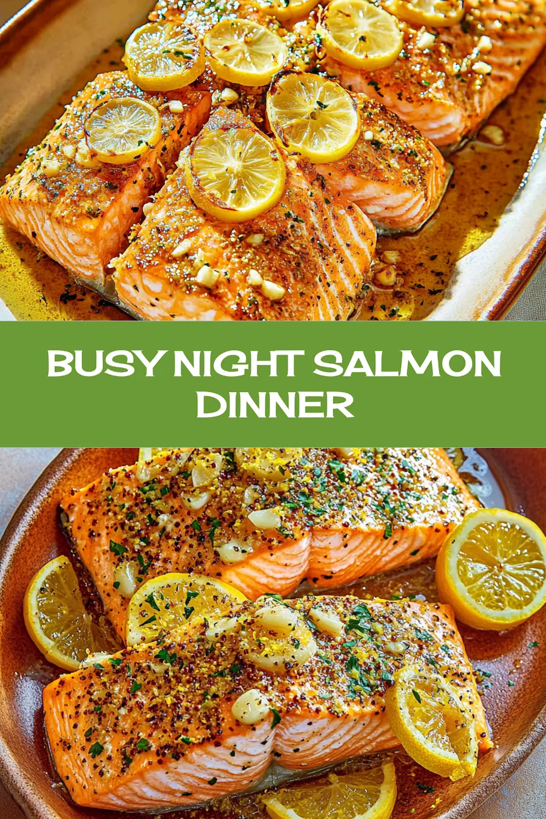 Baked lemon garlic salmon pin image with fresh herbs and citrus garnish