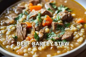BEEF BARLEY STEW centered hero view, clean and uncluttered