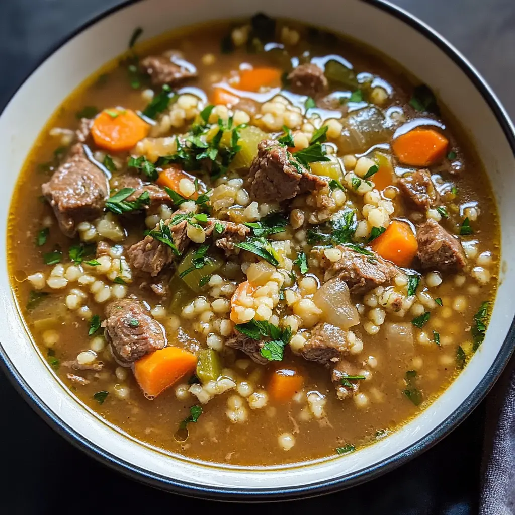 Beef barley stew in a rustic bowl with tender beef chunks and pearl barley