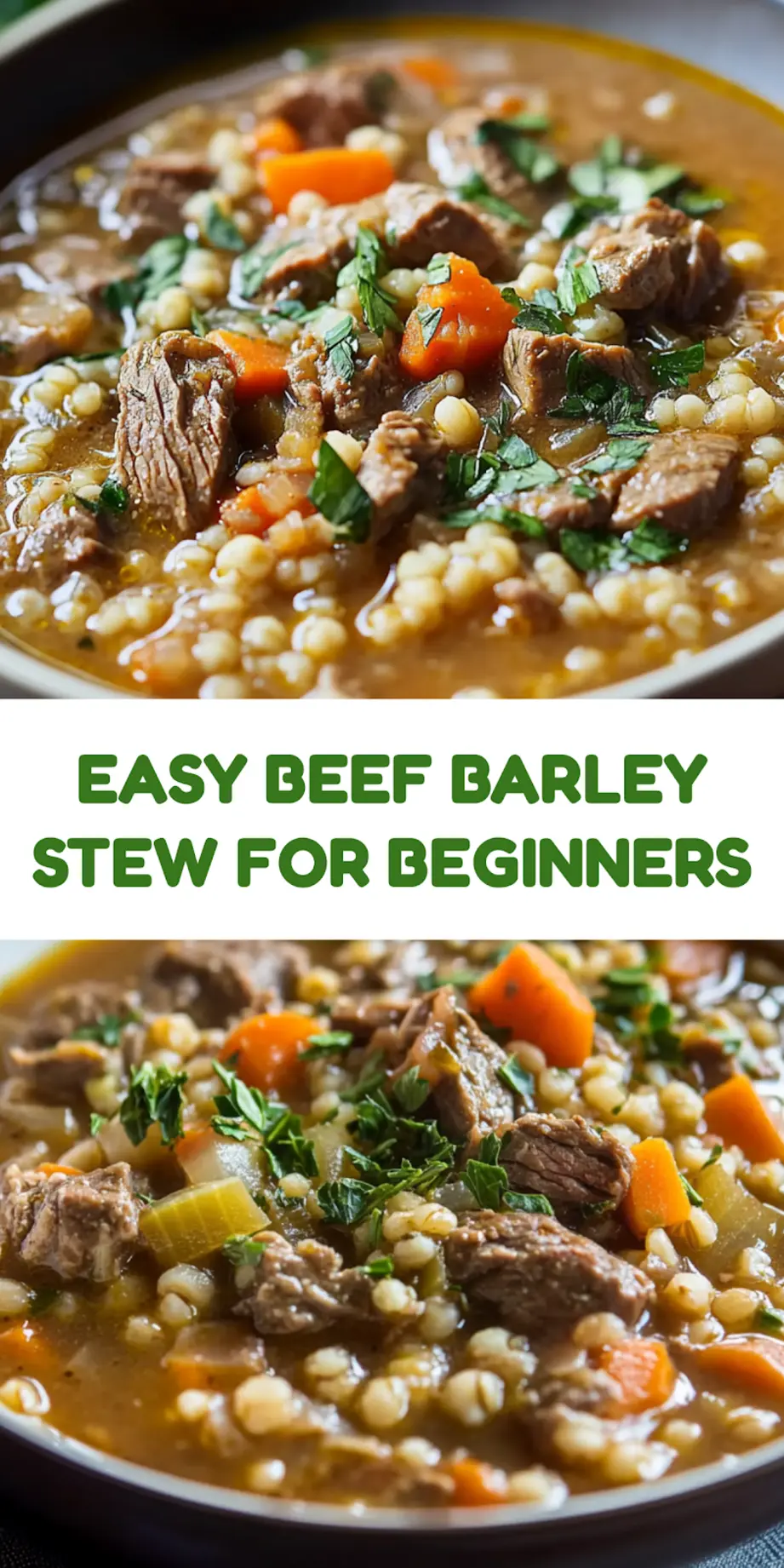 Beef barley stew pin image with tender chunks of beef and pearl barley