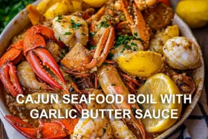 CAJUN SEAFOOD BOIL WITH GARLIC BUTTER SAUCE centered hero view, clean and uncluttered