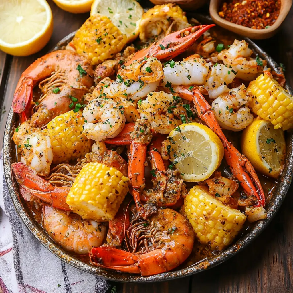 CAJUN SEAFOOD BOIL WITH GARLIC BUTTER SAUCE centered hero view, clean and uncluttered