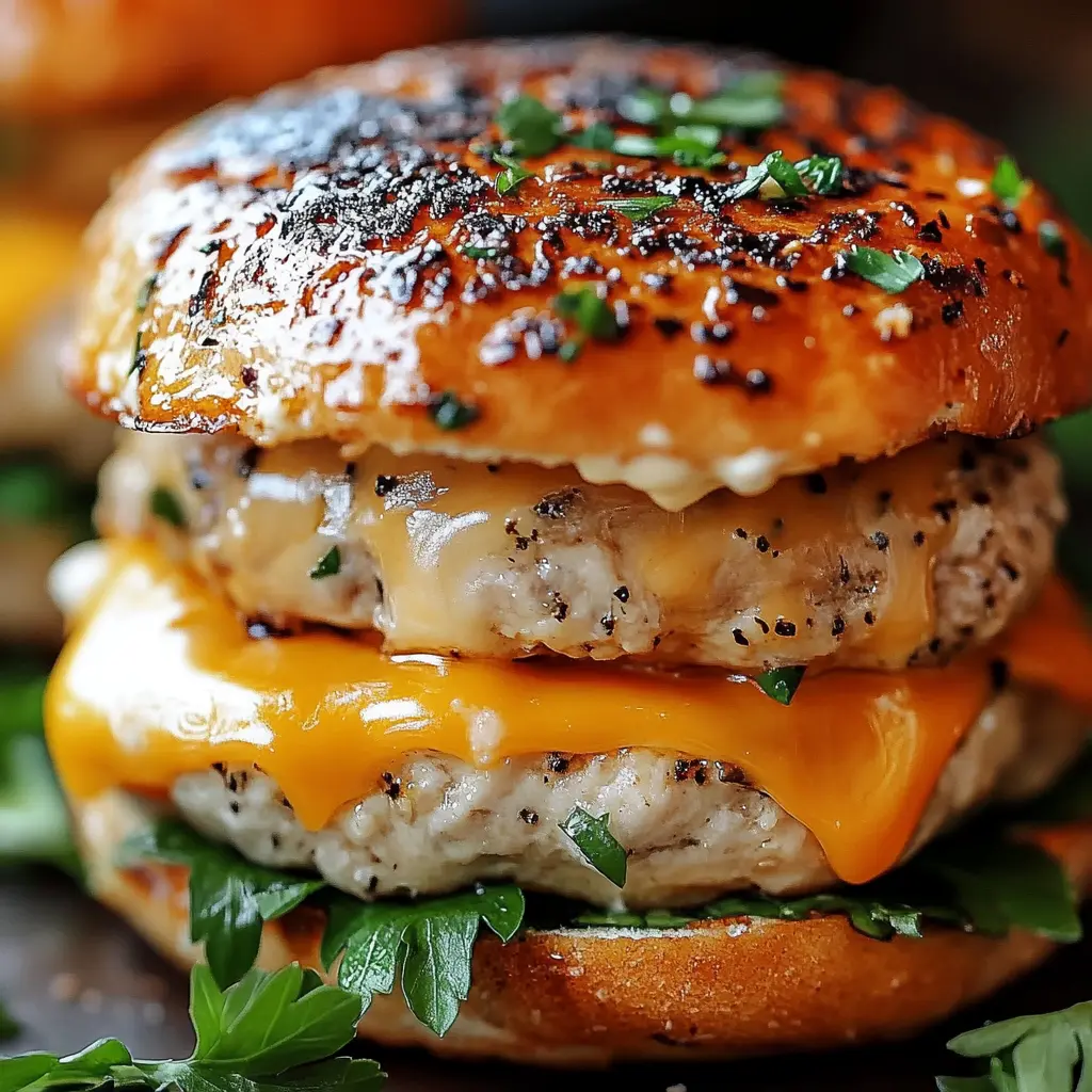 CHEDDAR RANCH CHICKEN BURGERS centered hero view, clean and uncluttered